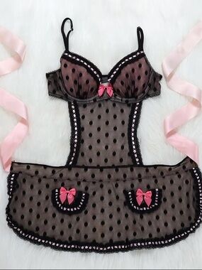 Victoria’s Secret Sheer Black Polka Dot Lace Chemise with Pink Accent Bow